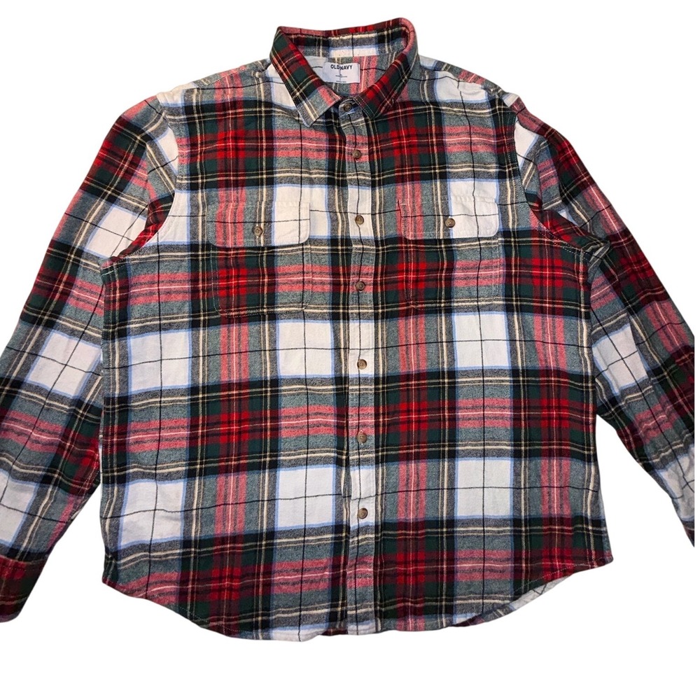 Old Navy Mens XL Double-Brushed Flannel Plaid Button Down Shirt Red Green White